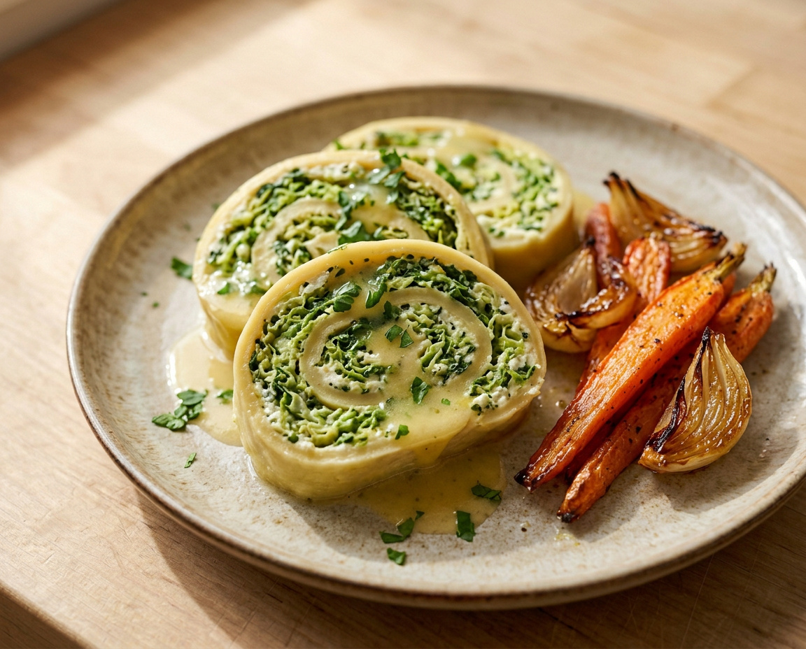 Wirsing-Ricotta-Roulade aus Nudelteig mit Zitronenbutter und gerösteten Möhren