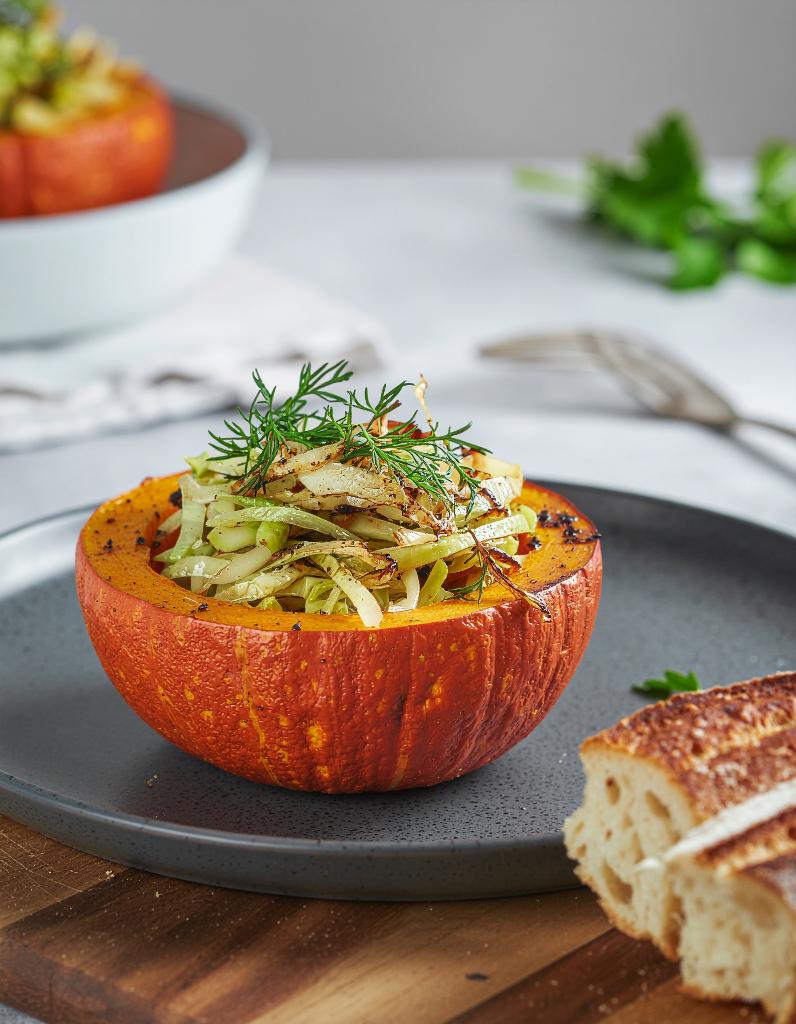 Warmer Chinakohlsalat in gebackenem Kürbis