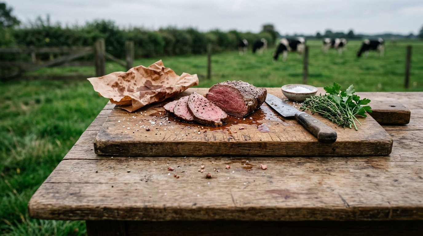 Rohes Rindfleisch vom StoffersHoff, angerichtet auf einem Holzbrett