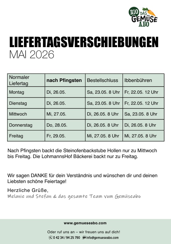 Lieferverschiebung Pfingsten
