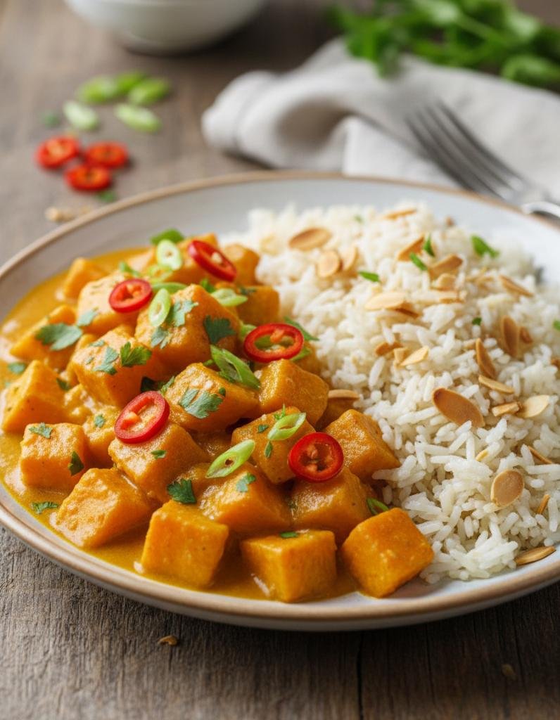 Süßkartoffel-Curry mit Mandelreis