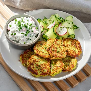 Zucchini Puffer mit Gurken Radieschen Salat