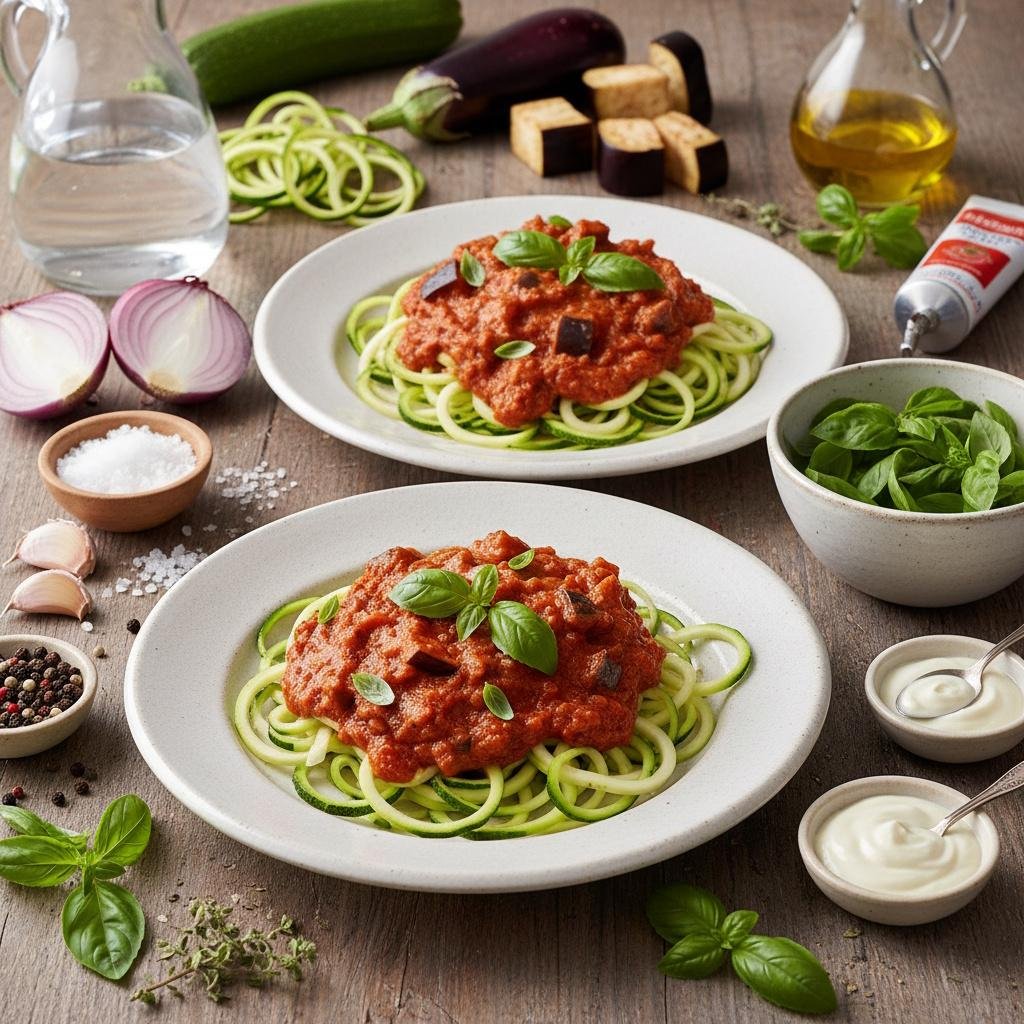 Zucchinibandnudeln mit Tomaten-Auberginen-Soße