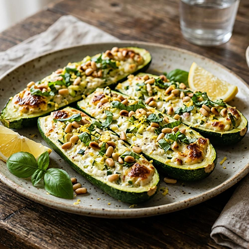 Ofen-Zucchini mit Frischkäse, Zitrone & Pinienkern