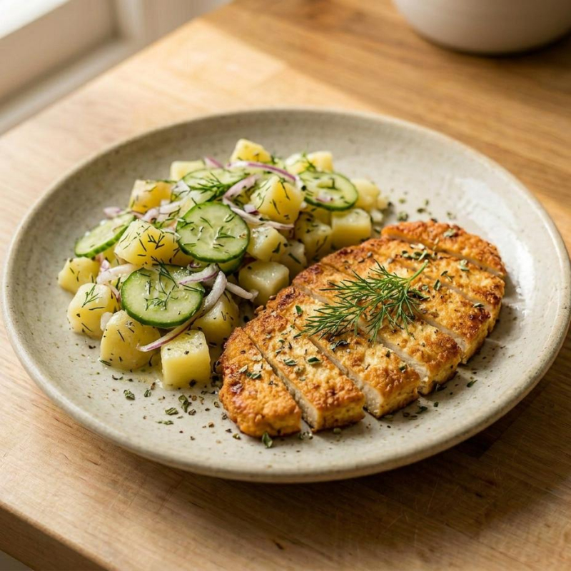 Tofu-Schnitzel mit Gurken-Kartoffel-Salat und Dill