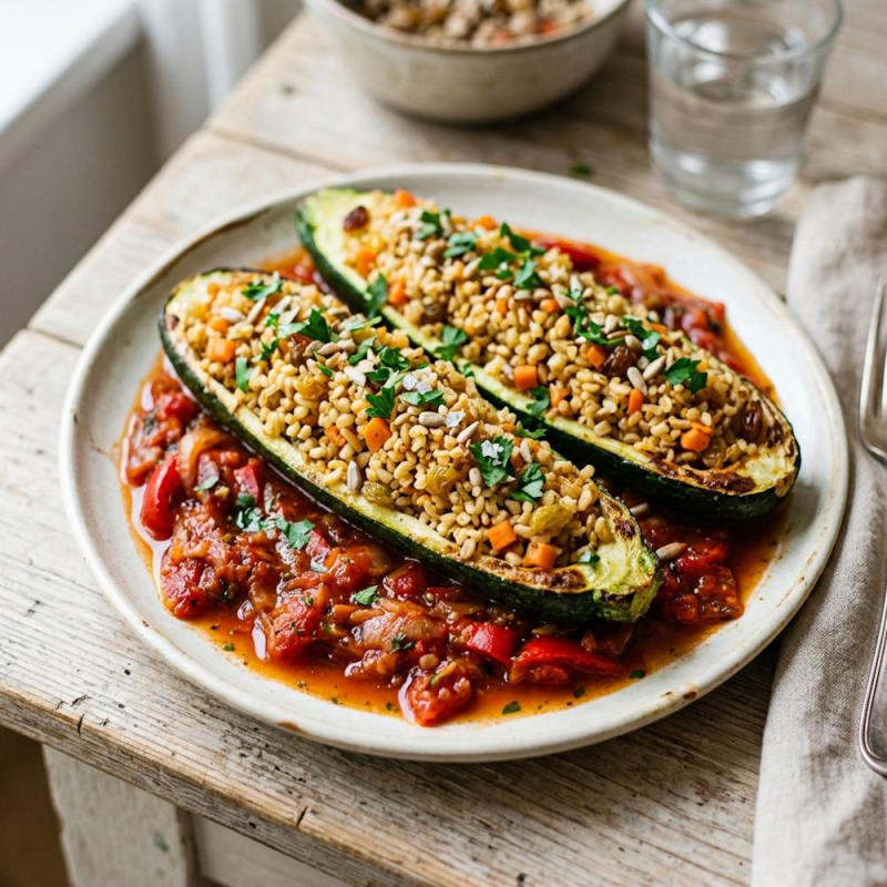 Gefüllte Zucchini mit Bulgur, Möhren und Tomaten-P