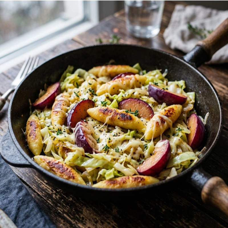 Pflaumen-Kartoffel-Schupfnudeln mit Spitzkohl, Ber