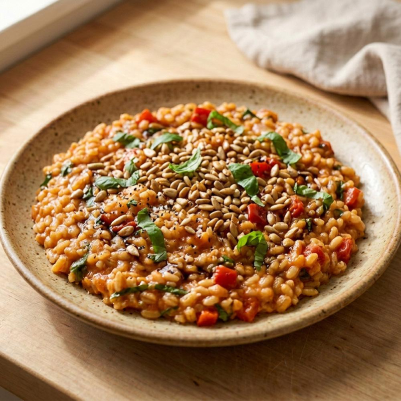 Tomaten-Paprika-Graupenrisotto mit Sonnenblumenker