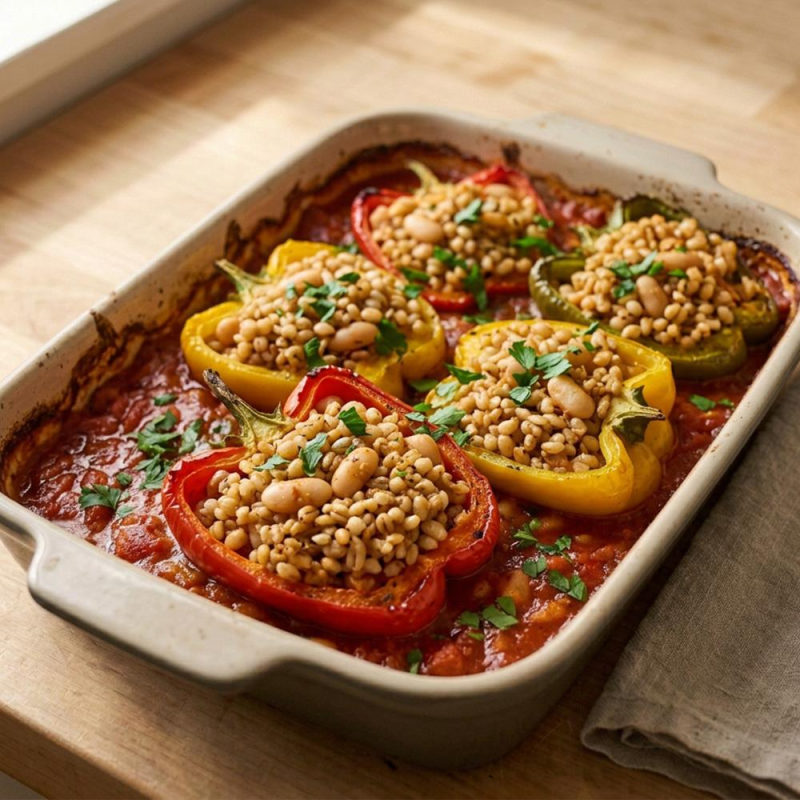 Gefüllte Paprika mit weißen Bohnen, Graupen und To