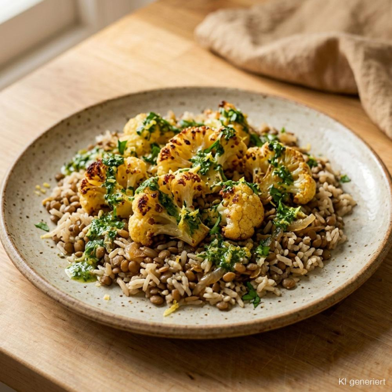 Gerösteter Blumenkohl mit Linsen-Zwiebel-Reis und 