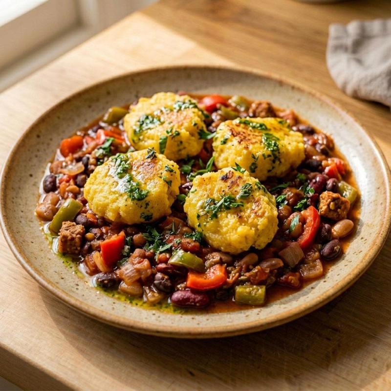 Herzhafte Maisgrieß-Klöße mit Paprika-Bohnen-Schmo