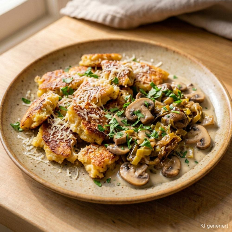 Herzhafter Kaiserschmarrn mit Pilz-Porree-Ragout u