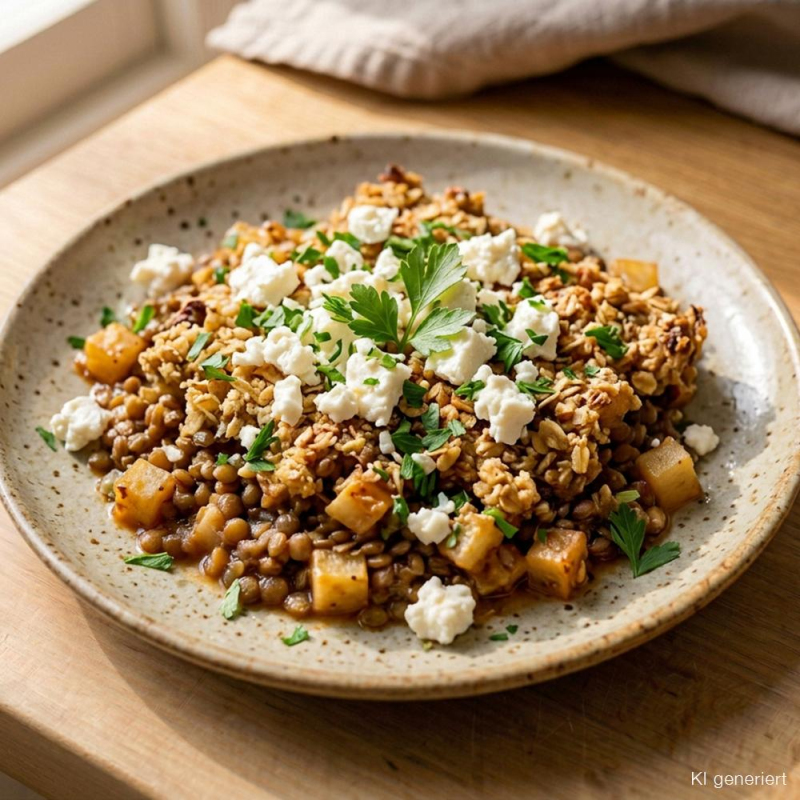 Herzhafter Sellerie-Birnen-Crumble mit Berglinsen 