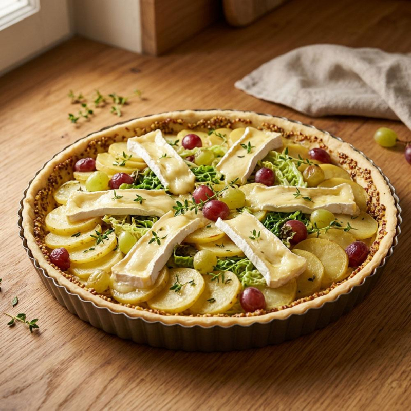 Kartoffel-Wirsing-Tarte mit Camembert, Trauben und