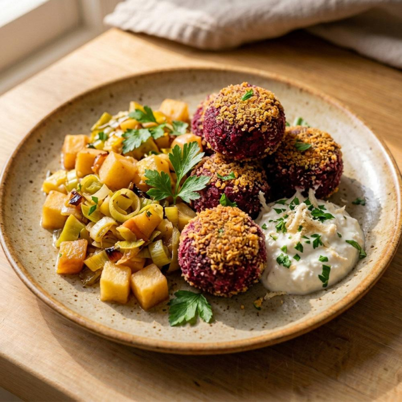 Rote-Bete-Kartoffel-Kroketten mit Apfel-Porree-Gem