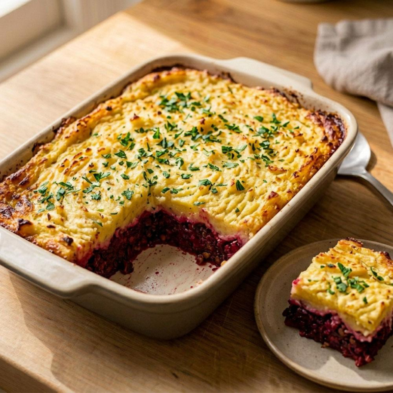 Rote-Bete-Linsen-Shepherd‘s-Pie mit Kartoffelkrust
