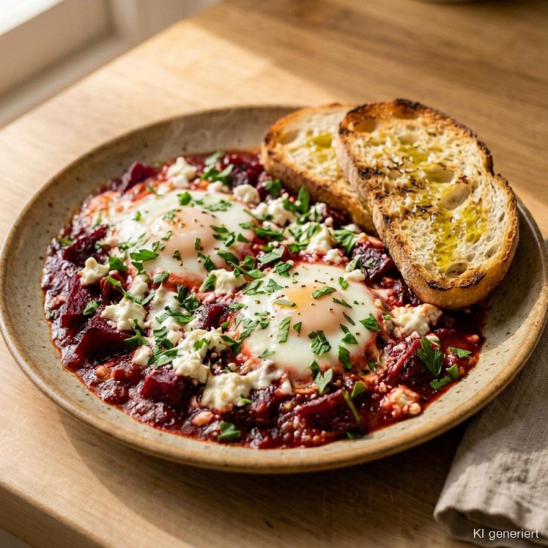 Rote-Bete-Shakshuka mit Feta, Eiern und geröstetem