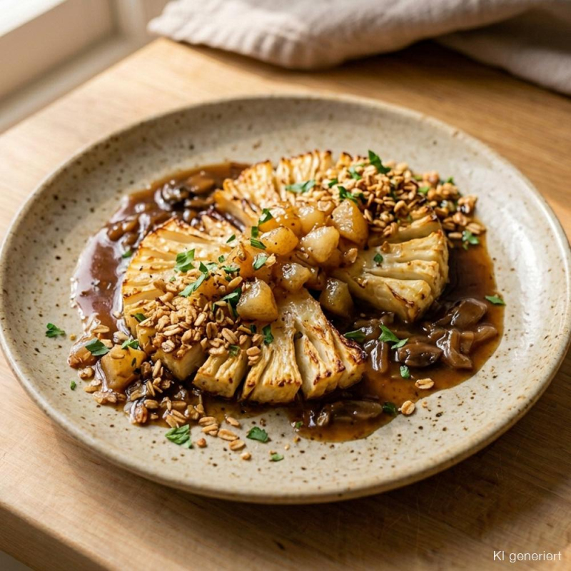 Sellerie-Fächer aus dem Ofen mit Pilz-Zwiebel-Jus,